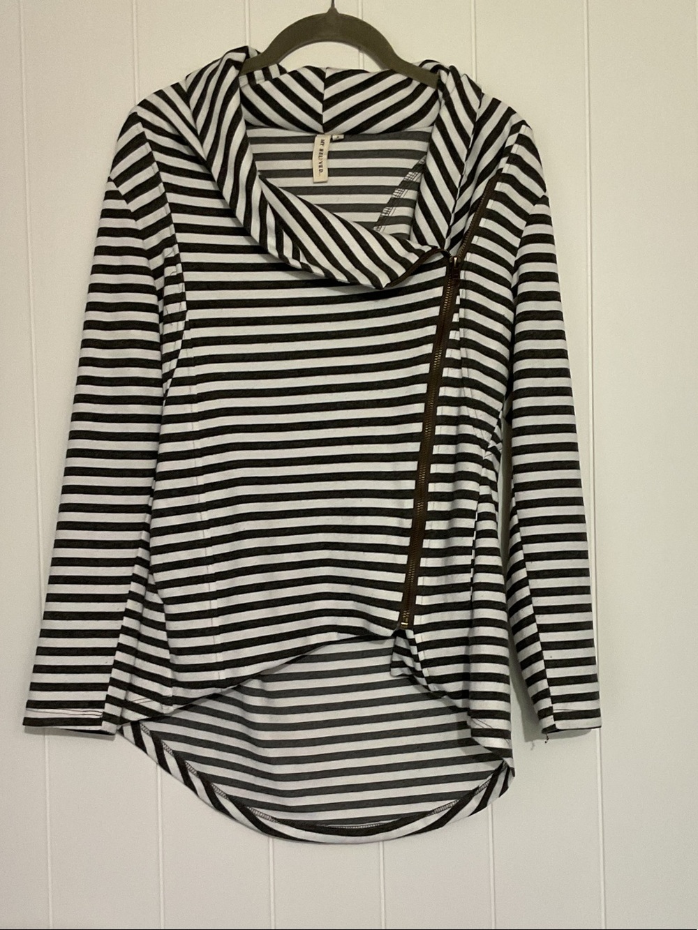 My Beloved Grey & White Striped Asymmetrical Zip Pullover Hoodie